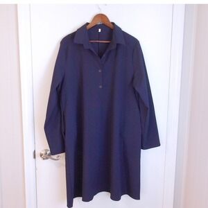 Navy Tunic Dress Long Sleeve Collared Button Down Casual Comfort Size 2XL /#5348